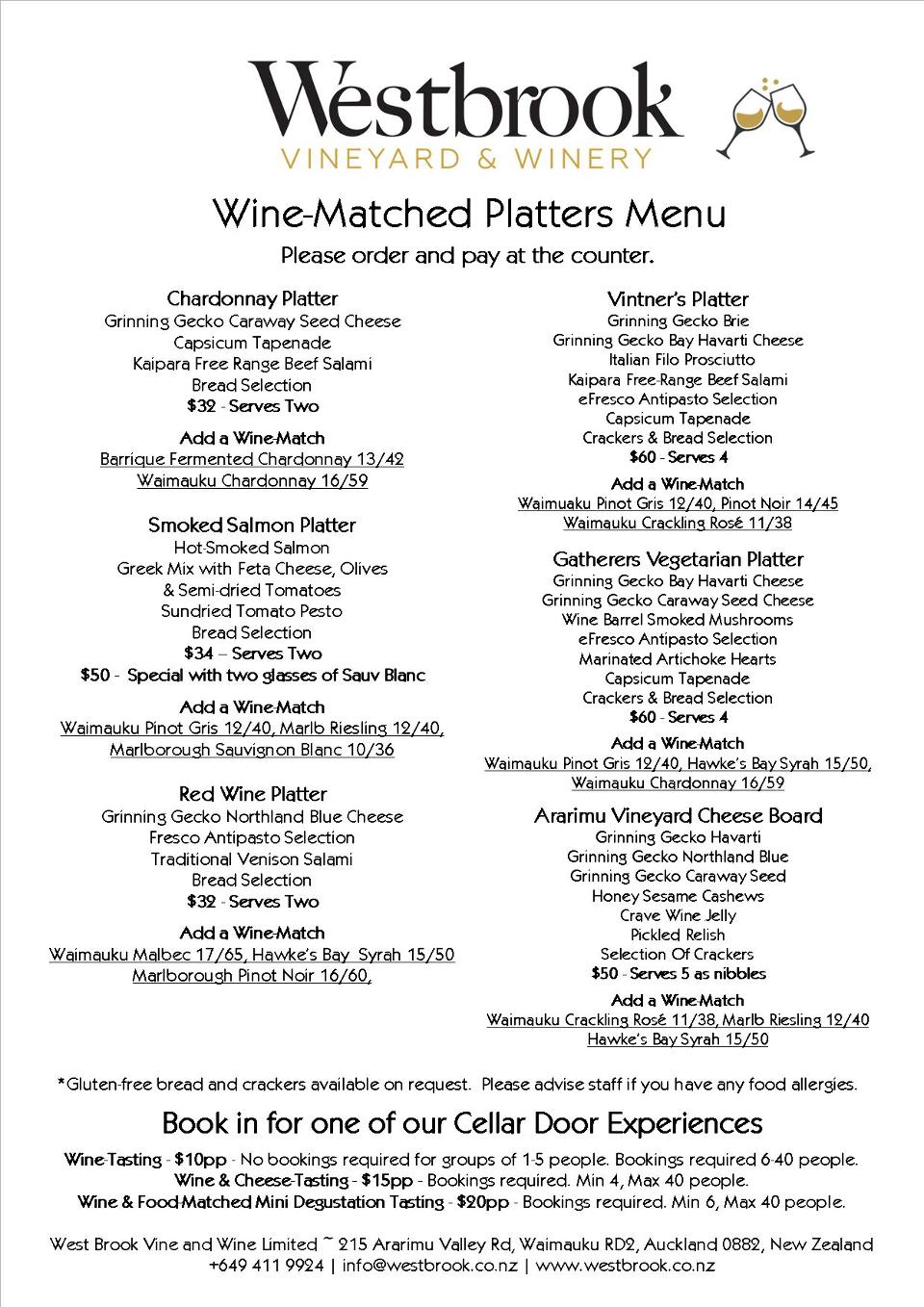 Cellar Door Food & Drink Menu • Westbrook Winery